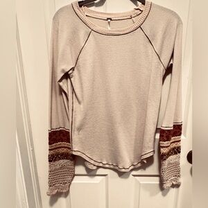 Free People Cream Waffle-Knit Long Sleeve Top with Decorative Trim